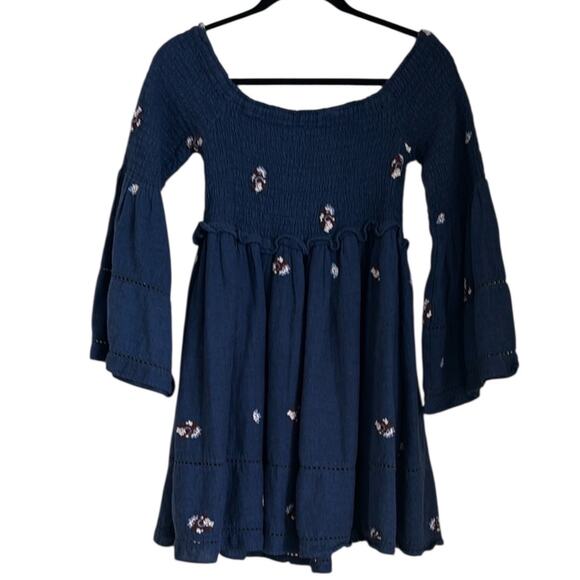 Free People Counting Daisies Embroidered Off-The-Shoulder Navy Dress—Size XS - Picture 5 of 8